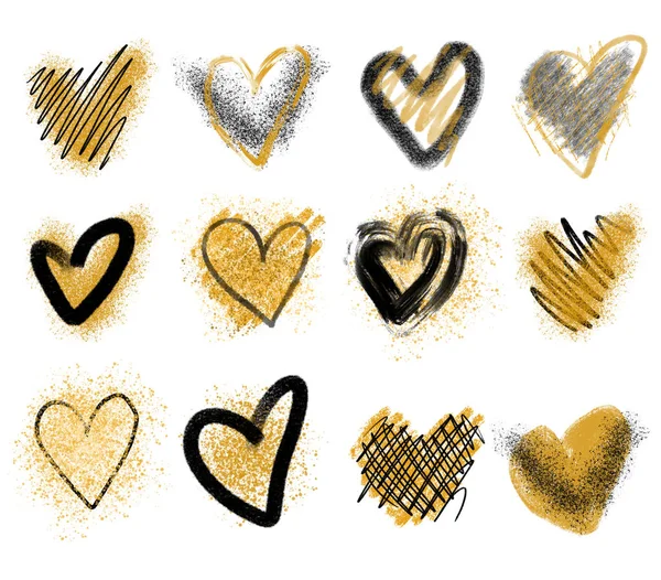 收集时尚的黑色和金色的心脏 手绘孤立在白色背景上 — 图库照片
