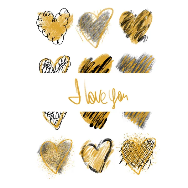 Card Template Stylish Black Golden Hearts Hand Drawn White Background — Stock Photo, Image