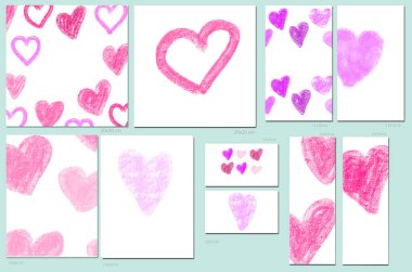 Basit pembe ve mor el çizimleri olan kart şablonları; iş için sanatsal tasarım, düğün, yıldönümü davetiyesi, el ilanları, broşürler, masa numarası, RSVP, teşekkür kartı, randevu kartını kaydet