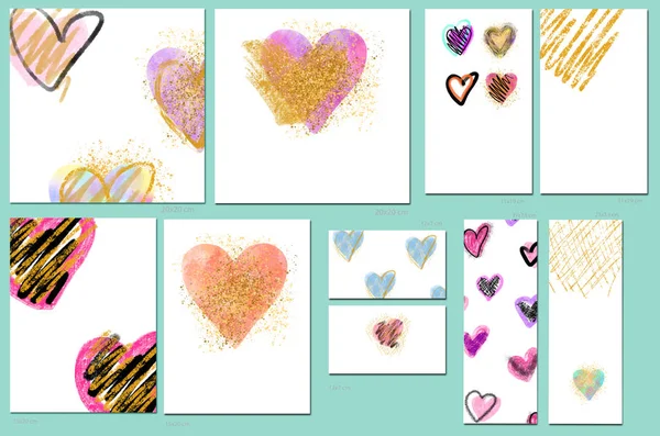 Card Templates Set Colorful Hearts Artistic Design Business Wedding Anniversary — Stock Photo, Image