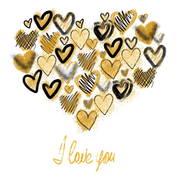 Πρότυπο Κάρτα Κομψό Μαύρο Και Χρυσό Καρδιές Σύνθεση Της Καρδιάς — Φωτογραφία Αρχείου