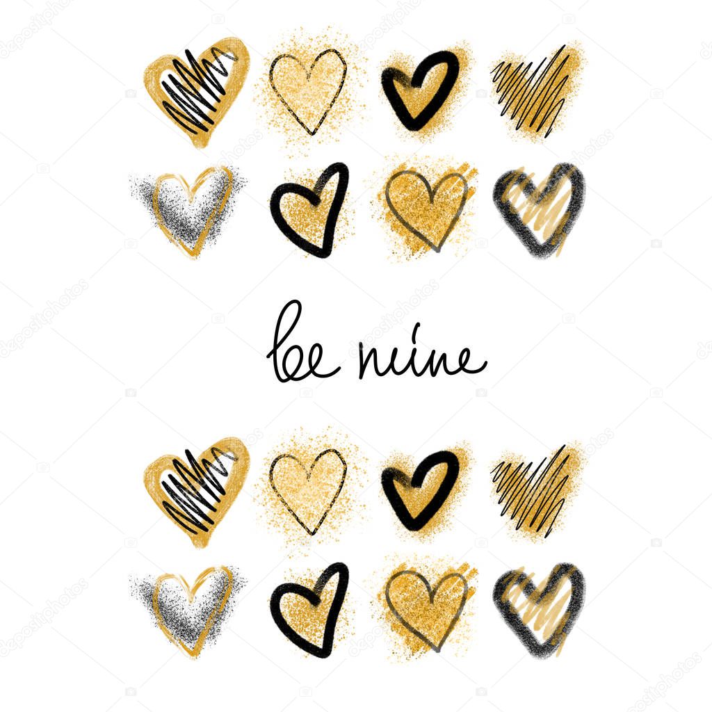 Card template with stylish black and golden hearts, hand drawn on a white background, Be mine lettering