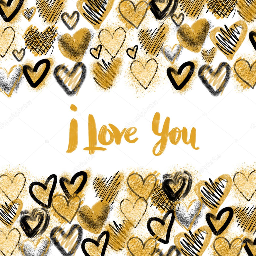 Card template with stylish black and golden hearts, hand drawn on a white background, love card design