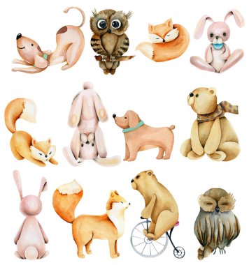 Suluboya sevimli hayvan koleksiyonu (tavşanlar, tilkiler, baykuşlar, ayılar ve köpekler), beyaz bir arka planda el çizimi