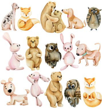 Suluboya sevimli hayvan koleksiyonu (tavşanlar, tilkiler, baykuşlar, ayılar ve köpekler), beyaz bir arka planda el çizimi
