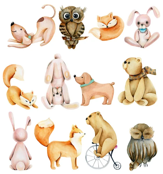 Collection Watercolor Cute Animals Rabbits Foxes Owls Bears Dogs Hand — 스톡 사진