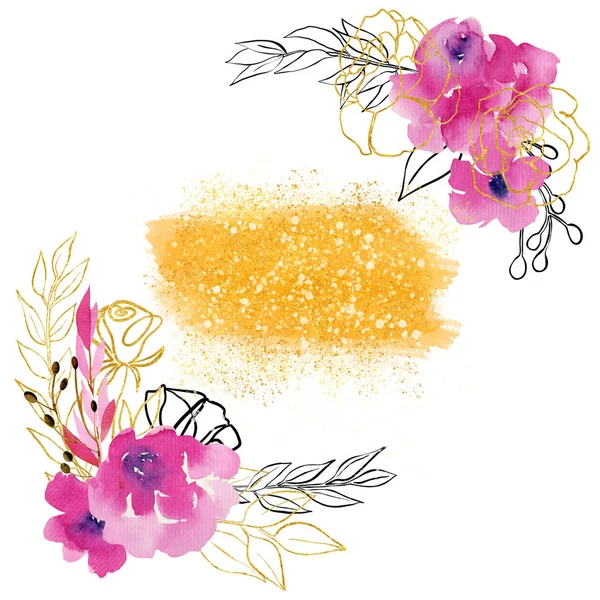 Rohová Úprava Akvarelovými Růžemi Větvemi Listy Karmínových Hnědých Zlatých Barvách — Stock fotografie