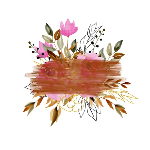 Floral arrangement for text, decorated with watercolor pink flowers and golden plants, can be used for logo, business or wedding cards