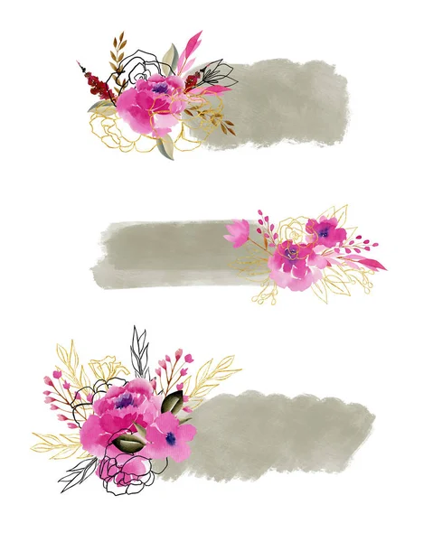 Floral Arrangements Text Decorated Watercolor Pink Flowers Golden Plants Can — 스톡 사진