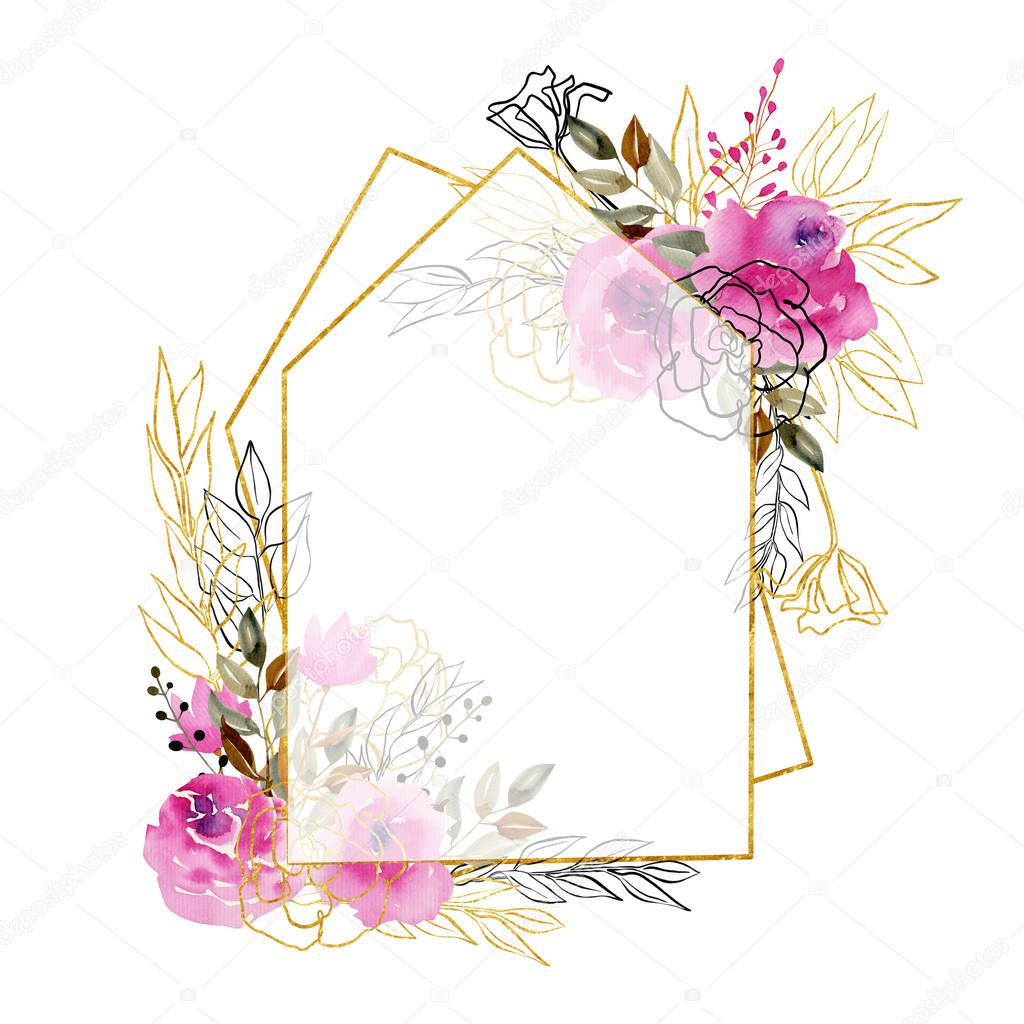 Geometric frame with watercolor roses, branches and leaves in crimson, brown and golden colors; hand drawn isolated on white background; floral decoration to wedding or other celebratory design