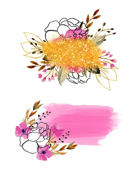 Floral Arrangements Text Decorated Watercolor Pink Golden Flowers Can Used — 스톡 사진