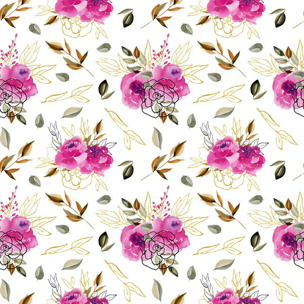 Seamless Pattern Watercolor Pink Crimson Floral Bouquets Branches Leaves Brown — Stock Photo, Image