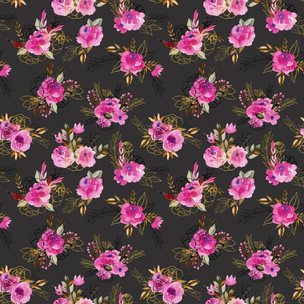 Seamless pattern with watercolor floral bouquets in crimson, brown and golden colors; hand drawn floral design on dark background