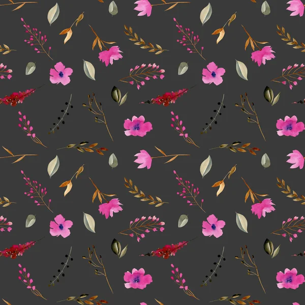 Seamless Pattern Watercolor Pink Brown Grey Simple Floral Elements Hand — 스톡 사진