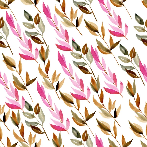 Seamless Pattern Watercolor Branches Pink Crimson Brown Colors Hand Drawn  — 無料ストックフォト