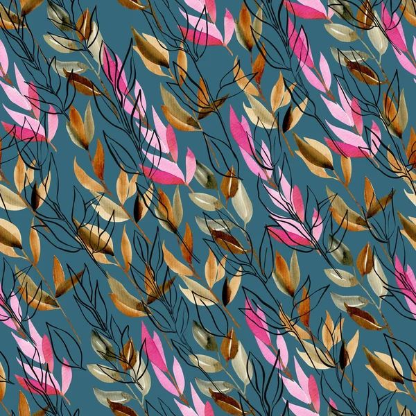 Seamless Pattern Watercolor Branches Pink Crimson Brown Colors One Line — 스톡 사진