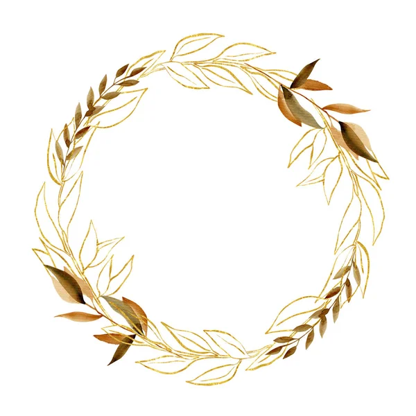 Wreath of watercolor branches in brown and golden colors; hand drawn isolated on white background; floral decoration to wedding or other celebratory design