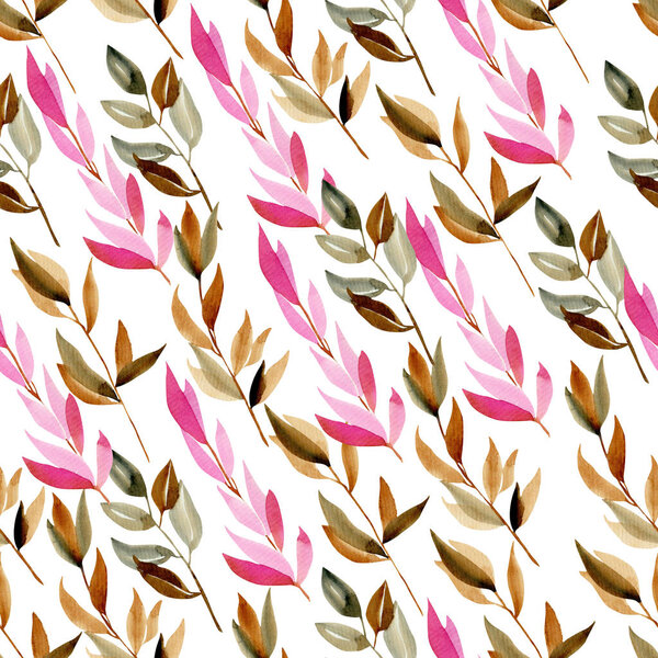 Seamless pattern with watercolor branches in pink, crimson and brown colors; hand drawn floral design on white background — Stock Image Seamless Pattern Watercolor Branches Pink Crimson Brown Colors Hand Drawn Royalty Free Stock Images