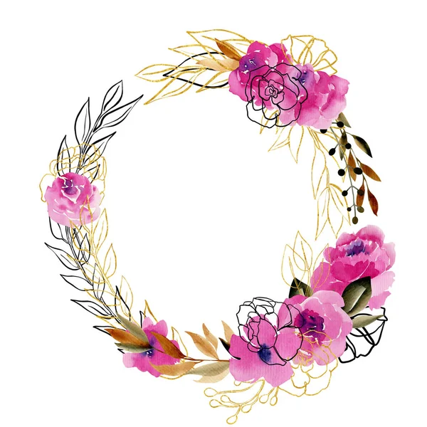 Wreath of watercolor peonies, branches and leaves in crimson, brown and golden colors; hand drawn isolated on white background; one line flowers and plants design