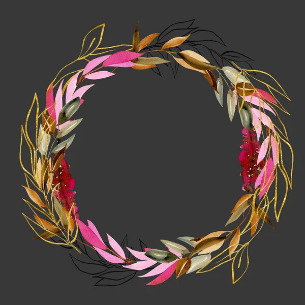 Wreath Watercolor Branches Crimson Brown Golden Colors Hand Drawn Isolated — ストック写真