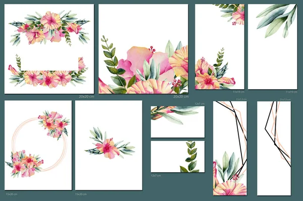 Plantillas Tarjetas Con Hibisco Acuarela Hojas Verdes Diseño Artístico Para — Foto de Stock