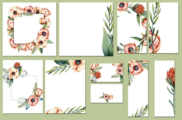 Plantillas Tarjetas Con Anémonas Color Rojo Acuarela Hojas Verdes Diseño — Foto de Stock