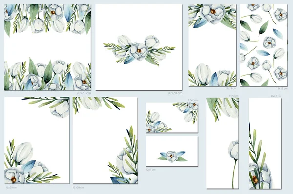 Modelos Cartão Conjunto Com Anêmonas Brancas Aquarela Folhas Verdes Design — Fotografia de Stock