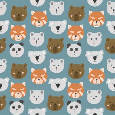 Sevimli ayı yüzlü kusursuz desen (ayı, kutup ayısı, panda, kırmızı panda), mavi arka planda tek başına çizilmiş el.