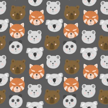 Sevimli ayı yüzlü kusursuz desen (ayı, kutup ayısı, panda, kırmızı panda, koala), koyu gri arka planda tek başına çizilmiş el.
