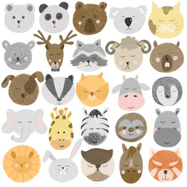 Elle çizilmiş sevimli hayvan yüzleri koleksiyonu (ayı, geyik, panda, rakun, zebra, tavşan, miskin, at, kedi, köpek vs.), beyaz arka planda el çizimi