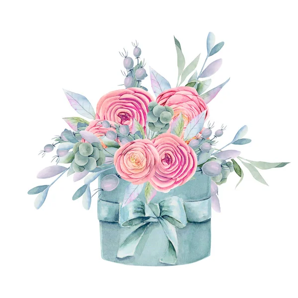 Akvarel Izolované Dárkové Krabice Růžové Krásné Růže Zelené Listy Dekorativní — Stock fotografie