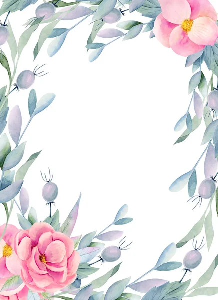 Rama Kwiatowa Granica Akwareli Różowe Kwiaty Briar Jagody Gałęzie Ręcznie — Zdjęcie stockowe