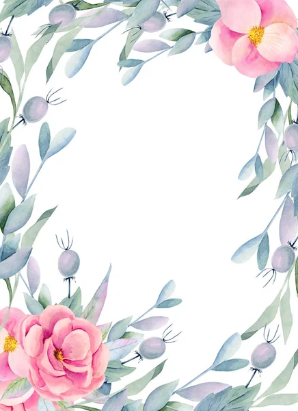 Frame, floral border of watercolor pink briar flowers, berries and branches, hand painted on white background
