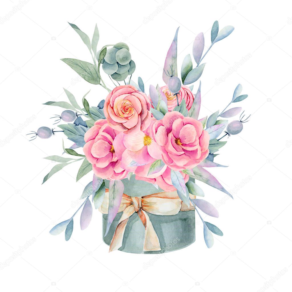 Watercolor isolated gift box with pink beautiful roses,peonies, green leaves, decorative berries and branches, hand painted on white background