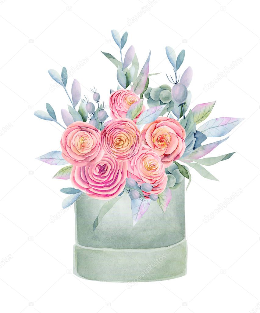 Watercolor isolated gift box with pink beautiful roses, green leaves, decorative berries and branches, hand painted on white background