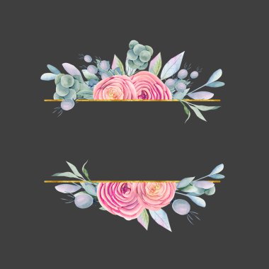 Suluboya güzel güller, mor ve pembe tonlarda yeşil yapraklar ve böğürtlenler, el boyası beyaz arka plan, düğün ve diğer şenlikli dekorasyonlar için, yatay yönelim