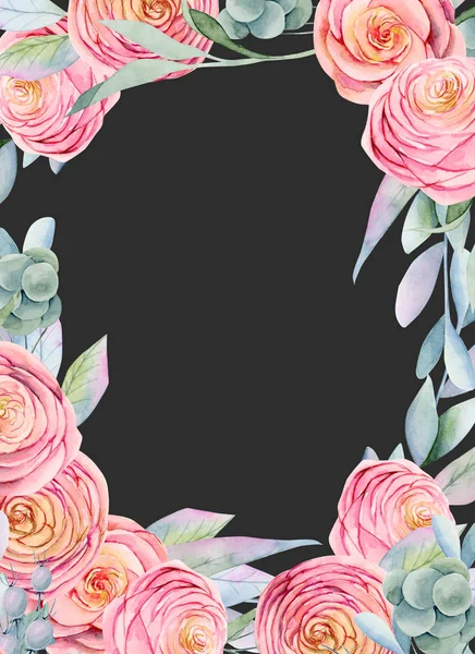 Frame Floral Border Watercolor Pink Roses Branches Hand Painted Dark — Stock Photo, Image