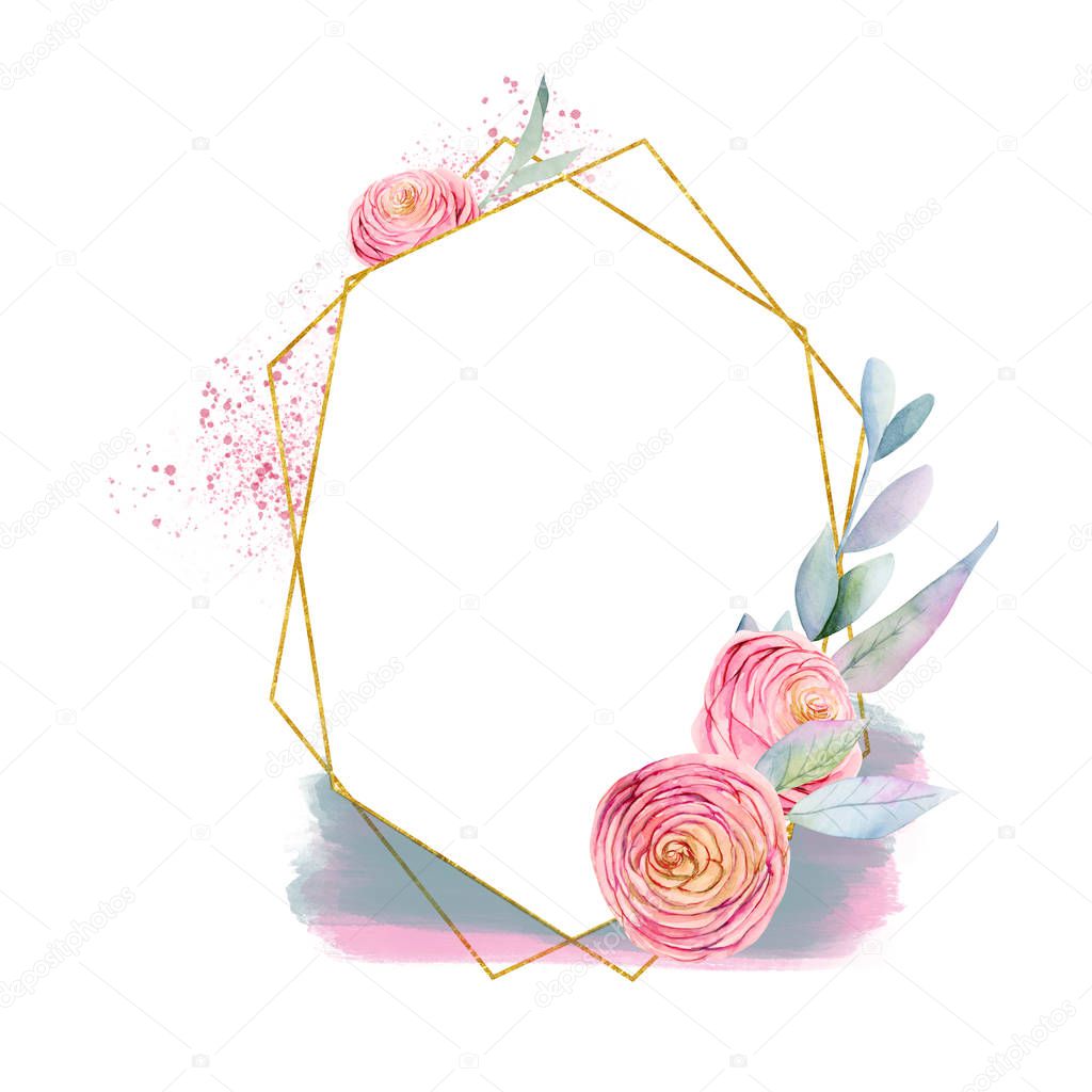 Geometric oval golden frame of watercolor pink beautiful roses, green leaves and berries, hand painted on white background, for wedding and other festive decorations