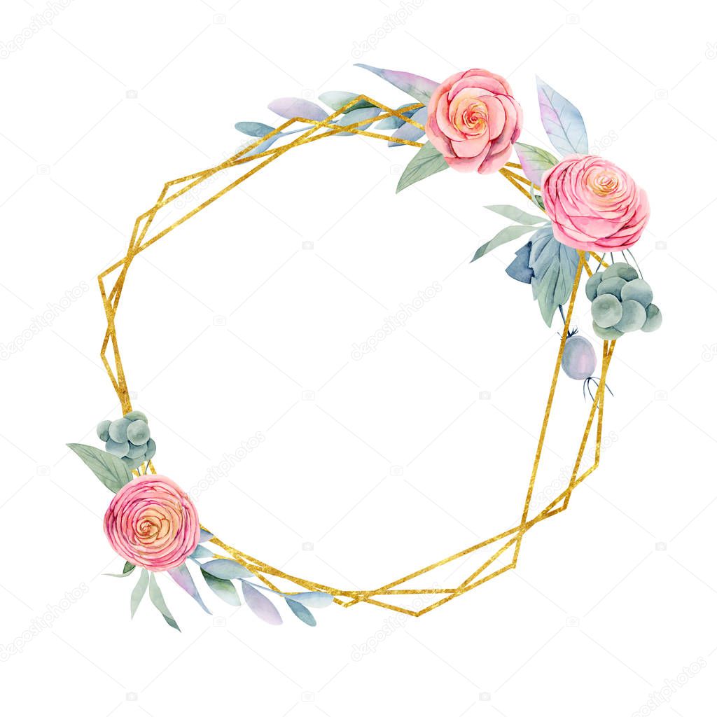 Geometric round golden frame of watercolor pink beautiful roses, green leaves and berries, hand painted on white background, for wedding and other festive decorations