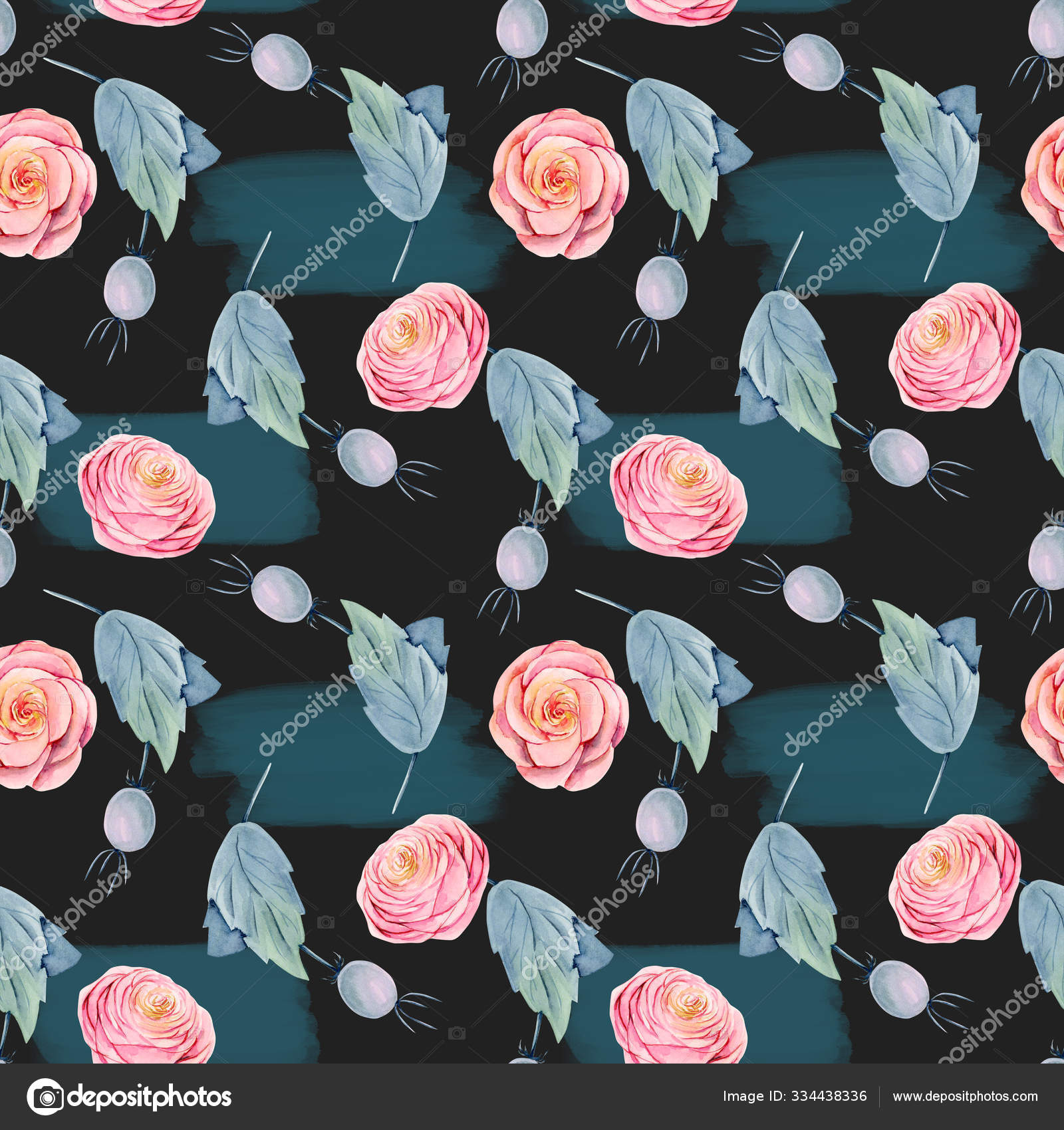 水彩艳丽的玫瑰和蔷薇的无缝图案手绘深色背景形状抽象 免费图库图片 C Nastyasklyarova