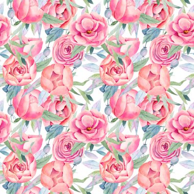 Pembe gül tomurcukları ve yaprakların kusursuz deseni, beyaz arka planda elle boyanmış.