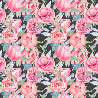 Pembe gül tomurcukları ve yaprakların kusursuz deseni, koyu arkaplanda elle boyanmış.