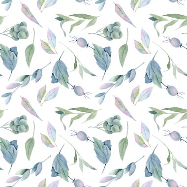 Kusursuz suluboya yeşil yapraklar, yaban mersini ve dallar, beyaz arka planda elle boyanmış.