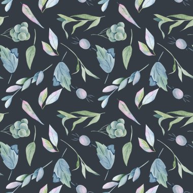 Kusursuz suluboya yeşil yapraklar, yaban mersini ve dallar, koyu arkaplanda elle boyanmış.