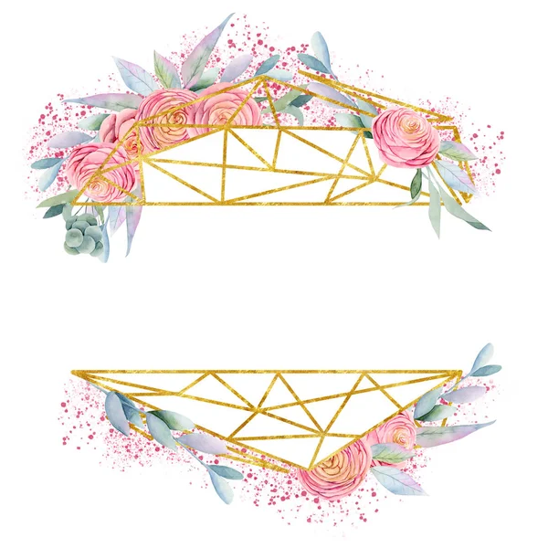 Geometrikus Arany Keret Akvarell Rózsaszín Gyönyörű Rózsák Zöld Levelek Ágak — Stock Fotó