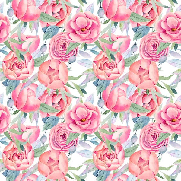 Płynny Wzór Akwareli Różowe Pąki Róż Liści Ręcznie Malowane Białym — Zdjęcie stockowe