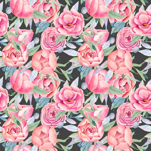 Seamless Pattern Watercolor Pink Roses Buds Leaves Hand Painted Dark — Stock Photo, Image