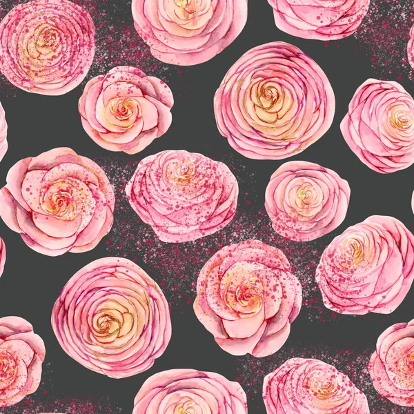 Seamless Pattern Watercolor Pink Roses Buds Abstract Splashes Hand Painted — Stock Photo, Image