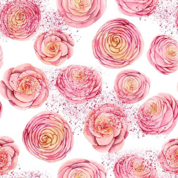 Seamless Pattern Watercolor Pink Roses Buds Abstract Splashes Hand Painted — Stock Photo, Image