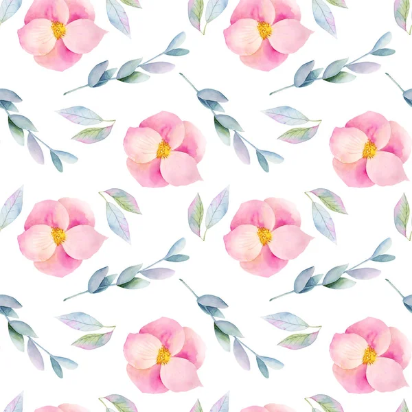 Seamless Pattern Watercolor Pink Briar Flowers Branches Hand Painted White — Stock Photo, Image